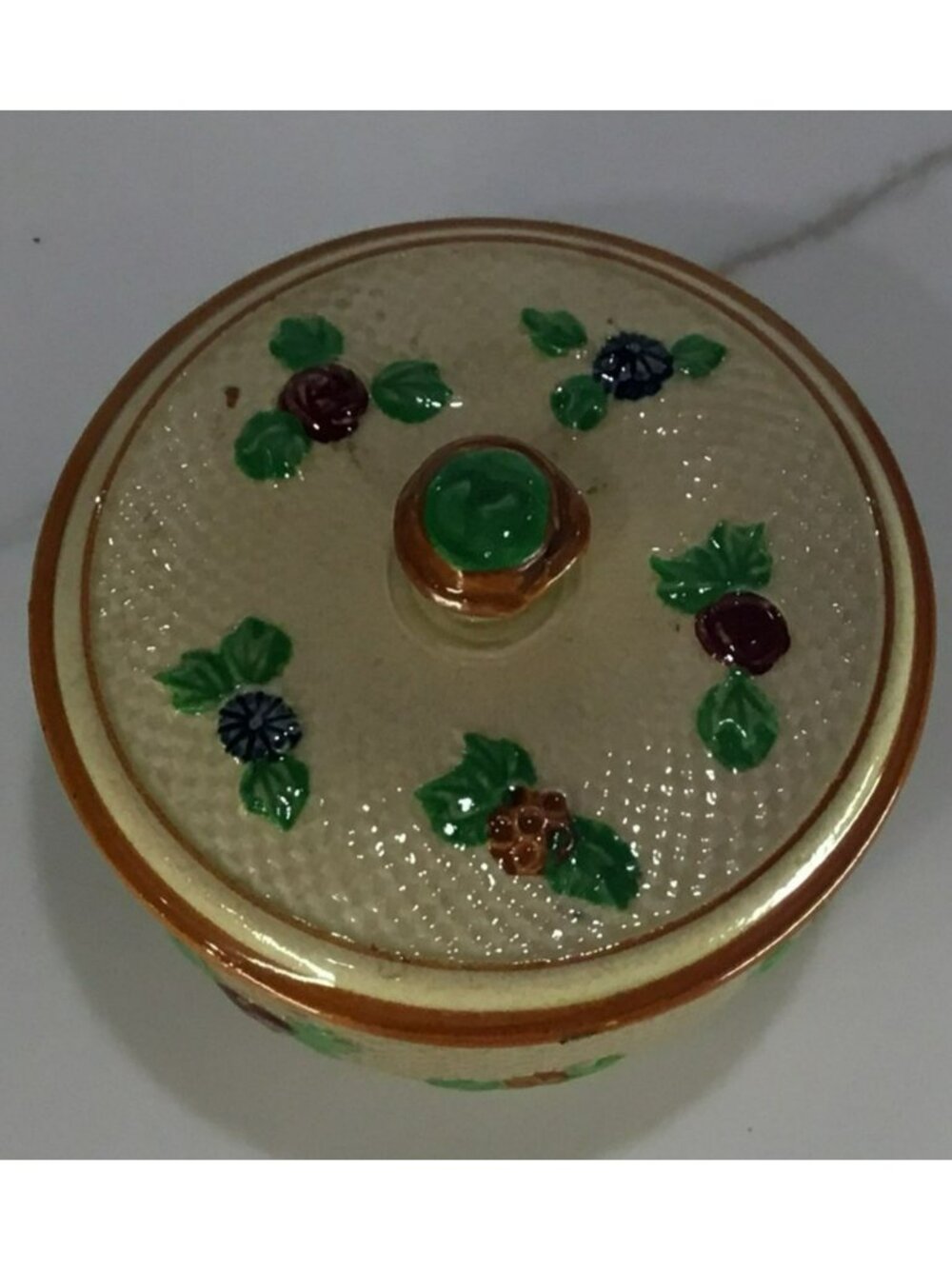 Antique Majolica Hand Painted Sugar bowl / Lidded Trinket Box/ Biscuit Jar - Picture 7 of 13